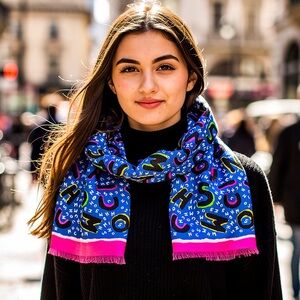 Moschino Blue & Pink Letter Pattern Scarf 59”x16”